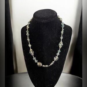 Handcrafted Teal & Silver Beaded Necklace with round faceted beads & seed beads